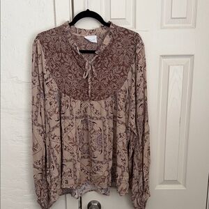 Kori America Taupe and Brown Floral Tie-Neck Blouse